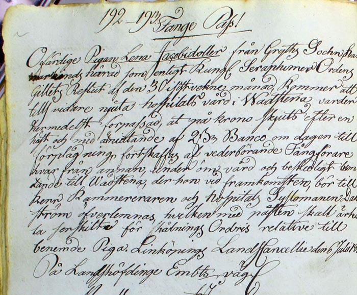 Äldre dokument från Vadstena hosptials arkiv, intagningshandlingar nr 192-195, 1808. Riksarkivet i Vadstena.
