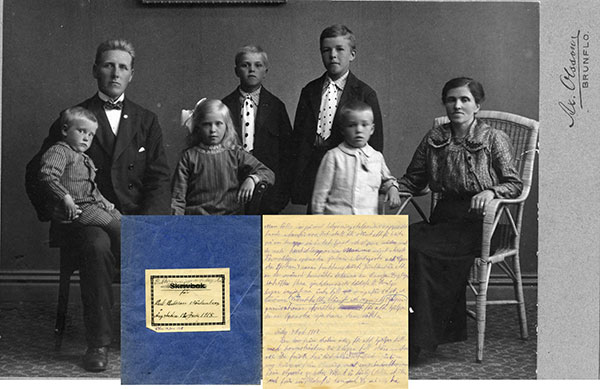 Bild föreställande familjen Karlsson Norheden samt Karls dagbok