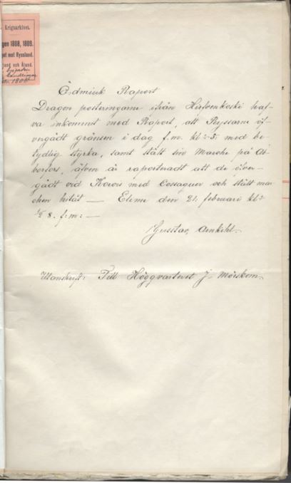 Avskrift av en rapport till högkvarteret i Mörskom, Krigsarkivet: Krigshandlingar 1808-1809, vol. 80