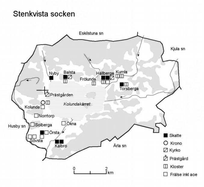 Kartan visar hur Stenkvista socken såg ut i mitten av 1500-talet.
